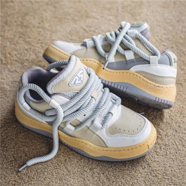 Men's Wide Width Chunky Platform Sneakers - Korean Retro Korean Wave K-Drama Inspired Shoes, Cushioned Heavy-Sole Lift (Pink Laces/Black) - Low-Top Lace-Up Casual Streetwear for Spring/Fall, Unisex-Friendly Footwear