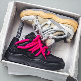 Men's Wide Width Chunky Platform Sneakers - Korean Retro Korean Wave K-Drama Inspired Shoes, Cushioned Heavy-Sole Lift (Pink Laces/Black) - Low-Top Lace-Up Casual Streetwear for Spring/Fall, Unisex-Friendly Footwear