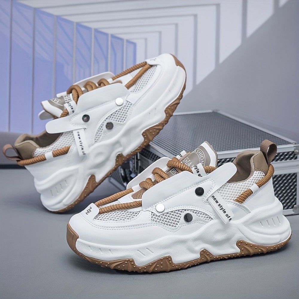 Men'S Low-Top Breathable Skate Sneakers - PU Mesh & Synthetic Upper, Durable PVC Sole, White with Brown Accents, Classic Fashion Sneakers for Casual, Running, Training & Workouts, Skate Shoes, Everyday Footwear, Sporty Design, Comfortable Fit