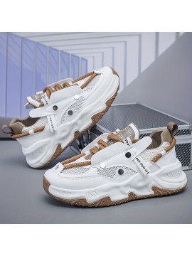 Men'S Low-Top Breathable Skate Sneakers - PU Mesh & Synthetic Upper, Durable PVC Sole, White with Brown Accents, Classic Fashion Sneakers for Casual, Running, Training & Workouts, Skate Shoes, Everyday Footwear, Sporty Design, Comfortable Fit