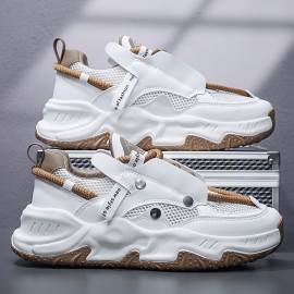 Men'S Low-Top Breathable Skate Sneakers - PU Mesh & Synthetic Upper, Durable PVC Sole, White with Brown Accents, Classic Fashion Sneakers for Casual, Running, Training & Workouts, Skate Shoes, Everyday Footwear, Sporty Design, Comfortable Fit