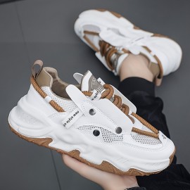 Men'S Low-Top Breathable Skate Sneakers - PU Mesh & Synthetic Upper, Durable PVC Sole, White with Brown Accents, Classic Fashion Sneakers for Casual, Running, Training & Workouts, Skate Shoes, Everyday Footwear, Sporty Design, Comfortable Fit