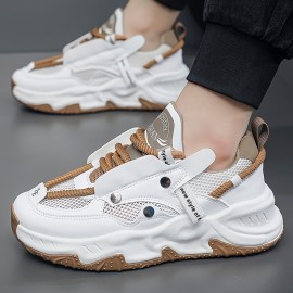 Men'S Low-Top Breathable Skate Sneakers - PU Mesh & Synthetic Upper, Durable PVC Sole, White with Brown Accents, Classic Fashion Sneakers for Casual, Running, Training & Workouts, Skate Shoes, Everyday Footwear, Sporty Design, Comfortable Fit