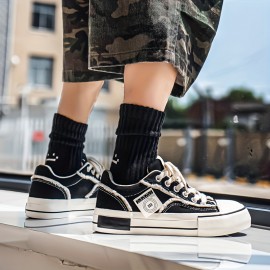 Men's and Women's Low-top Sneakers-  Thick-soled Casual Shoes, PU/Fabric Upper, White and Black Colorway, Round Toe and Arch Support- All-season Outdoor/Office/Daily Wear- Minimalist White Lace-up with Cushioned EVA Insole- Unisex Low-top S