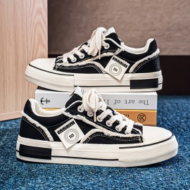 Men's and Women's Low-top Sneakers-  Thick-soled Casual Shoes, PU/Fabric Upper, White and Black Colorway, Round Toe and Arch Support- All-season Outdoor/Office/Daily Wear- Minimalist White Lace-up with Cushioned EVA Insole- Unisex Low-top S