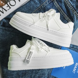 Men'S & Women'S Chunky Platform Sneakers - Low-Top White Faux Cover Lace-Up Chunky Platform Shoes with Cushioned PVC Sole, Minimalist Round-Toe Design & Arch Support - Casual Casual Attire, Versatile for Faux Denim & Dresses - Unisex Comfortable Sne