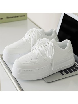 Men'S & Women'S Chunky Platform Sneakers - Low-Top White Faux Cover Lace-Up Chunky Platform Shoes with Cushioned PVC Sole, Minimalist Round-Toe Design & Arch Support - Casual Casual Attire, Versatile for Faux Denim & Dresses - Unisex Comfortable Sne