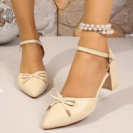 Summer New Style French-style Style Pointed-toe Low-cut PU Thick Heel Single-strap 1pc Buckle Strap High Heel(1.97-3.15inch) Shoe