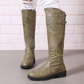 Large Size Women'S Long Boots | European American Style, Flat Round Toe, Low Block Heel, Rubber Upper and Sole