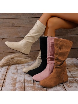 Christmas : Women'S Western-style Mid-calf Boots. Retro Round Toe, Flat Sole, Side Zipper. Soft Fabric Upper. Versatile Casual Winter Boots, Suitable For Skirts And Pants. Shipped Quickly From Local Warehouse.