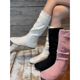 Christmas : Women'S Western-style Mid-calf Boots. Retro Round Toe, Flat Sole, Side Zipper. Soft Fabric Upper. Versatile Casual Winter Boots, Suitable For Skirts And Pants. Shipped Quickly From Local Warehouse.