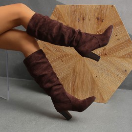 Womens High Heel Boots Pointed Toe Knee High Slouch Boots Pleated Detail | Winter Fashion, Block Heel, Slip-on Closure, Plush Lined, Women Shoes