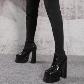 Chunky Heel Sexy Over-the-Knee Sock Boots for Women | Platform European and American Style High Heel Fashion Boots, Autumn New Large Size, Fabric Upper, Round Toe, Slip-on Closure