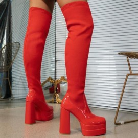 Chunky Heel Sexy Over-the-Knee Sock Boots for Women | Platform European and American Style High Heel Fashion Boots, Autumn New Large Size, Fabric Upper, Round Toe, Slip-on Closure