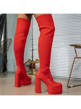 Chunky Heel Sexy Over-the-Knee Sock Boots for Women | Platform European and American Style High Heel Fashion Boots, Autumn New Large Size, Fabric Upper, Round Toe, Slip-on Closure