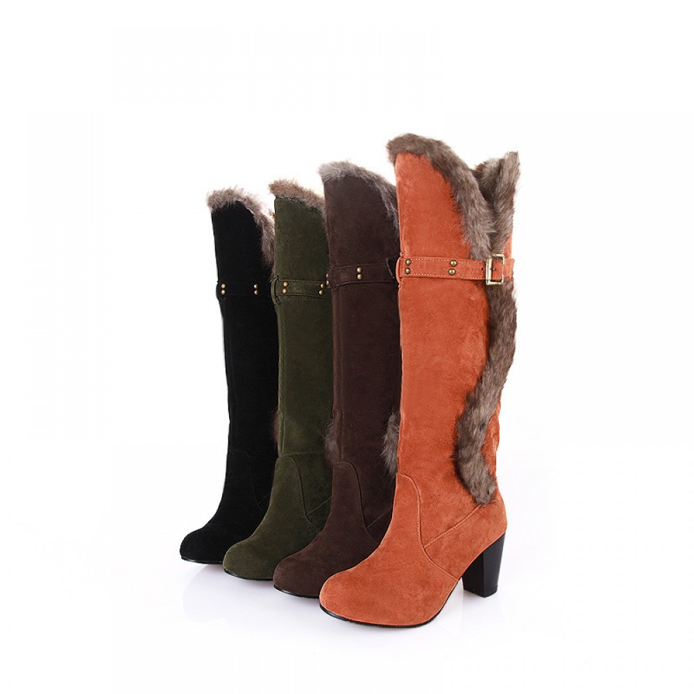 New Style Collar Thick Lined Boots Metal Buckle Fashion Snow Boots Thick High Heel Mid-Calf Boots, Women Shoes