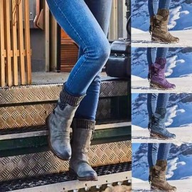 Women'S Autumn Winter Knitted Back Lace-up Mid-calf Boots | Warm Low Heel Plus Size Boots with Round Toe and Block Heel