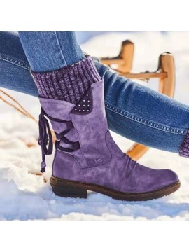 Women'S Autumn Winter Knitted Back Lace-up Mid-calf Boots | Warm Low Heel Plus Size Boots with Round Toe and Block Heel