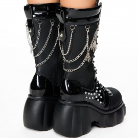 Women's Chunky Platform Combat Boots with Studded & Chain Details - Lace-Up & Zipper Round-Toe Ankle Booties, Thick Heel Motorcycle Boots Suitable for Riding, Casual & Edgy Outfits, Women Shoes
