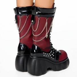 Women's Chunky Platform Combat Boots with Studded & Chain Details - Lace-Up & Zipper Round-Toe Ankle Booties, Thick Heel Motorcycle Boots Suitable for Riding, Casual & Edgy Outfits, Women Shoes