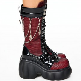 Women's Chunky Platform Combat Boots with Studded & Chain Details - Lace-Up & Zipper Round-Toe Ankle Booties, Thick Heel Motorcycle Boots Suitable for Riding, Casual & Edgy Outfits, Women Shoes