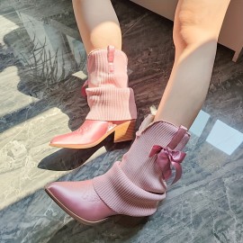 Ladies' Sweet Western-style Pointed Toe Chunky Heel Ankle Boots | Pastel-colored, Zipper Closure, Elegant Solid Color, Spring Season Dress Shoes