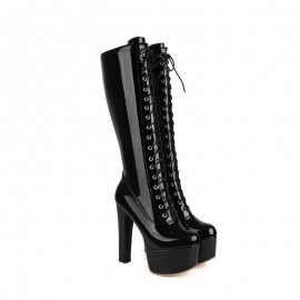 Women's Ultra-High Platform Pole Dance Boots - High Quality PU Cover Round-Toe Chunky Heel with Back Zipper Closure, Thick Platform & Sturdy Rubber Sole - Sexy Nightclub & Party Boots for Pole Dancing, Casual Attire - All- Glossy (Comfortable, Women