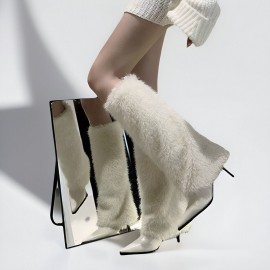 Winter White Knee-High Boots | Women'S Pointed Toe Heeled Boots, New European American Style, Furry Warm, Zipper Closure, High Stiletto Heel, Fabric Upper and Inner, Sole, Plush