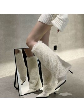 Winter White Knee-High Boots | Women'S Pointed Toe Heeled Boots, New European American Style, Furry Warm, Zipper Closure, High Stiletto Heel, Fabric Upper and Inner, Sole, Plush