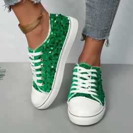 Women's Round-toe Lace-up Green Glitter Espadrilles