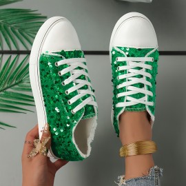 Women's Round-toe Lace-up Green Glitter Espadrilles