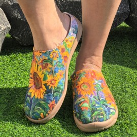 Women'S Sunflower Print Casual Sneakers - Vibrant Floral Design, Orange Base Color, Lightweight Fabric Upper, PU Sole, Comfortable All-Season Shoes for Casual Attire, Versatile Slipons|Casual Women'S Shoes|Comfortable Wear