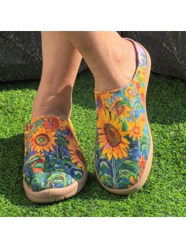 Women'S Sunflower Print Casual Sneakers - Vibrant Floral Design, Orange Base Color, Lightweight Fabric Upper, PU Sole, Comfortable All-Season Shoes for Casual Attire, Versatile Slipons|Casual Women'S Shoes|Comfortable Wear