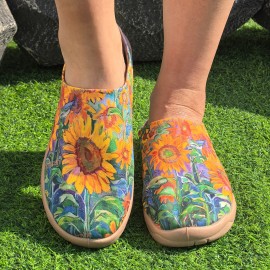 Women'S Sunflower Print Casual Sneakers - Vibrant Floral Design, Orange Base Color, Lightweight Fabric Upper, PU Sole, Comfortable All-Season Shoes for Casual Attire, Versatile Slipons|Casual Women'S Shoes|Comfortable Wear