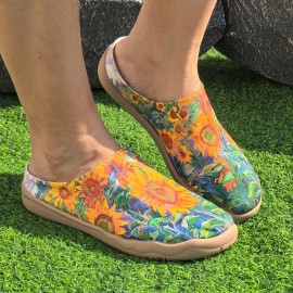 Women'S Sunflower Print Casual Sneakers - Vibrant Floral Design, Orange Base Color, Lightweight Fabric Upper, PU Sole, Comfortable All-Season Shoes for Casual Attire, Versatile Slipons|Casual Women'S Shoes|Comfortable Wear