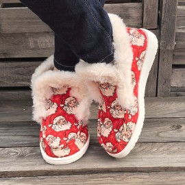 Women's Winter Warm Slippers with Santa Print - Cozy Fluffy Shoe Suitable for Plus Size, Soft Round-Toe Casual Christmas & Weather Footwear, Hand/Dry Cleanable Fabric Upper & TPR Sole (Ideal Gift), Women Shoes