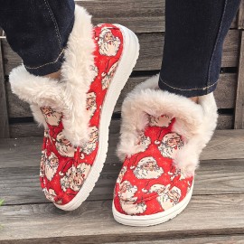 Women's Winter Warm Slippers with Santa Print - Cozy Fluffy Shoe Suitable for Plus Size, Soft Round-Toe Casual Christmas & Weather Footwear, Hand/Dry Cleanable Fabric Upper & TPR Sole (Ideal Gift), Women Shoes