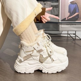 Women' Winter Thermal Boots - Fleece-Lined Warm Chunky Platform Sneakers with High-Top Ankle, Cushioned Sole & PVC - - Black Shoes for Weather, Walking,, Casual Attire