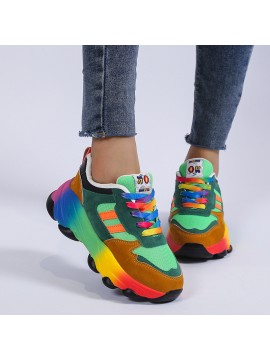Plus Size Women'S Fashion Sneakers | Breathable Knit Lace-Up Shoes with Colorful Platform Sole, Round Toe, All-season, Sports Style, EVA Upper, Mesh Inner, EVA Insole, Rubber Sole
