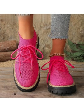 Round Toe Front Lace-Up Flats for Women, Casual Knitted Breathable Multi-Color Shoes, Women Shoes