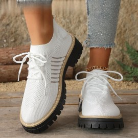 Round Toe Front Lace-Up Flats for Women, Casual Knitted Breathable Multi-Color Shoes, Women Shoes