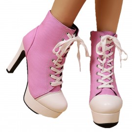 Women's Large Size High Quality Platform High-Heel Boots - Round Toe Upper, Net & Rubber Sole, Casual Winter Boots Suitable for Rain, Puddles, Daily Wear - Hand Washable Fashion Footwear