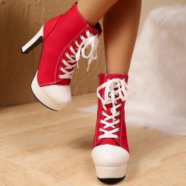 Women's Large Size High Quality Platform High-Heel Boots - Round Toe Upper, Net & Rubber Sole, Casual Winter Boots Suitable for Rain, Puddles, Daily Wear - Hand Washable Fashion Footwear