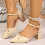 Summer New Style French-style Style Pointed-toe Low-cut PU Thick Heel Single-strap 1pc Buckle Strap High Heel(1.97-3.15inch) Shoe
