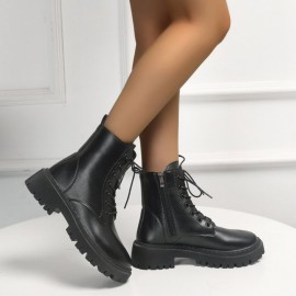 New Seasonal Korean-style Versatile Round-top PU Side-zip Mid-heel(1.18-1.97inch) Square Heel Short Boot for Fashion Wear