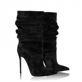 European and American Style Pleated Mid-Calf Boots | New Pointed Toe Patchwork High Heel Sexy Fashion Boots with Stiletto Heel, Slip-on Closure, and Rubber Sole