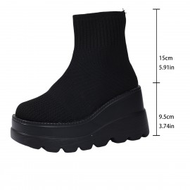 Women Stretch Knit Boots | Wedge Heel Platform Sole Comfort Ankle Boots Easy Wear Pull On Boots, Solid Color, Block Heel, Slip-on Closure, Round Toe, EVA Upper, PVC Inner, Rubber Sole