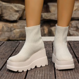 Women Stretch Knit Boots | Wedge Heel Platform Sole Comfort Ankle Boots Easy Wear Pull On Boots, Solid Color, Block Heel, Slip-on Closure, Round Toe, EVA Upper, PVC Inner, Rubber Sole