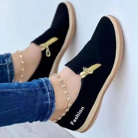 Large Size Zipper Style Casual Women'S Shoes | Spring and Autumn Solid Color Platform Sole Hemp Rope Shoes with Round Toe, Canvas Upper, Fabric Lining, Women Shoes